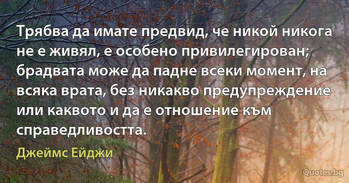 Трябва да имате предвид, че никой никога не е живял, е особено привилегирован; брадвата може да падне всеки момент, на всяка врата, без никакво предупреждение или каквото и да е отношение към справедливостта. (Джеймс Ейджи)