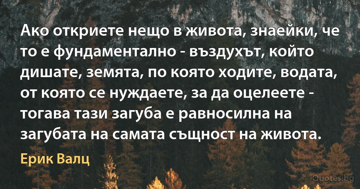 Ако откриете нещо в живота, знаейки, че то е фундаментално - въздухът, който дишате, земята, по която ходите, водата, от която се нуждаете, за да оцелеете - тогава тази загуба е равносилна на загубата на самата същност на живота. (Ерик Валц)