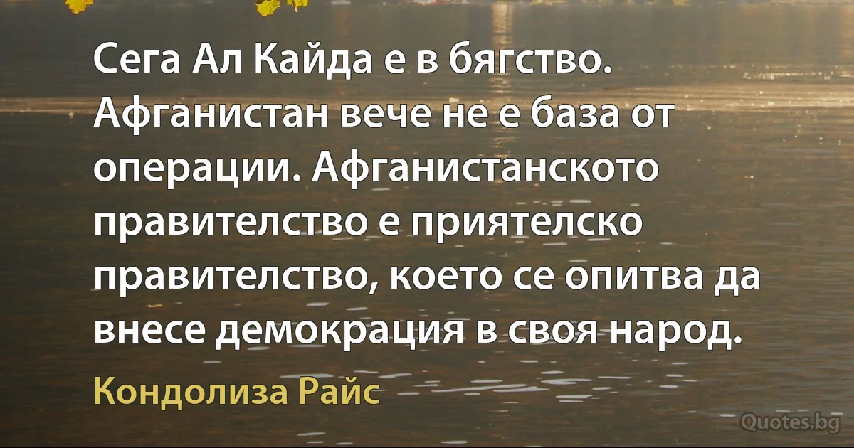 Сега Ал Кайда е в бягство. Афганистан вече не е база от операции. Афганистанското правителство е приятелско правителство, което се опитва да внесе демокрация в своя народ. (Кондолиза Райс)