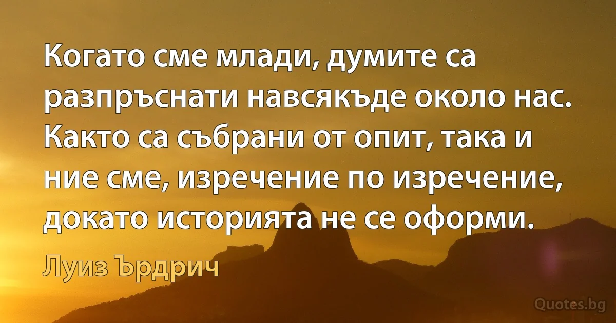 Когато сме млади, думите са разпръснати навсякъде около нас. Както са събрани от опит, така и ние сме, изречение по изречение, докато историята не се оформи. (Луиз Ърдрич)