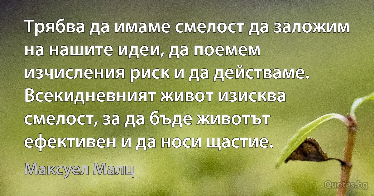 Трябва да имаме смелост да заложим на нашите идеи, да поемем изчисления риск и да действаме. Всекидневният живот изисква смелост, за да бъде животът ефективен и да носи щастие. (Максуел Малц)