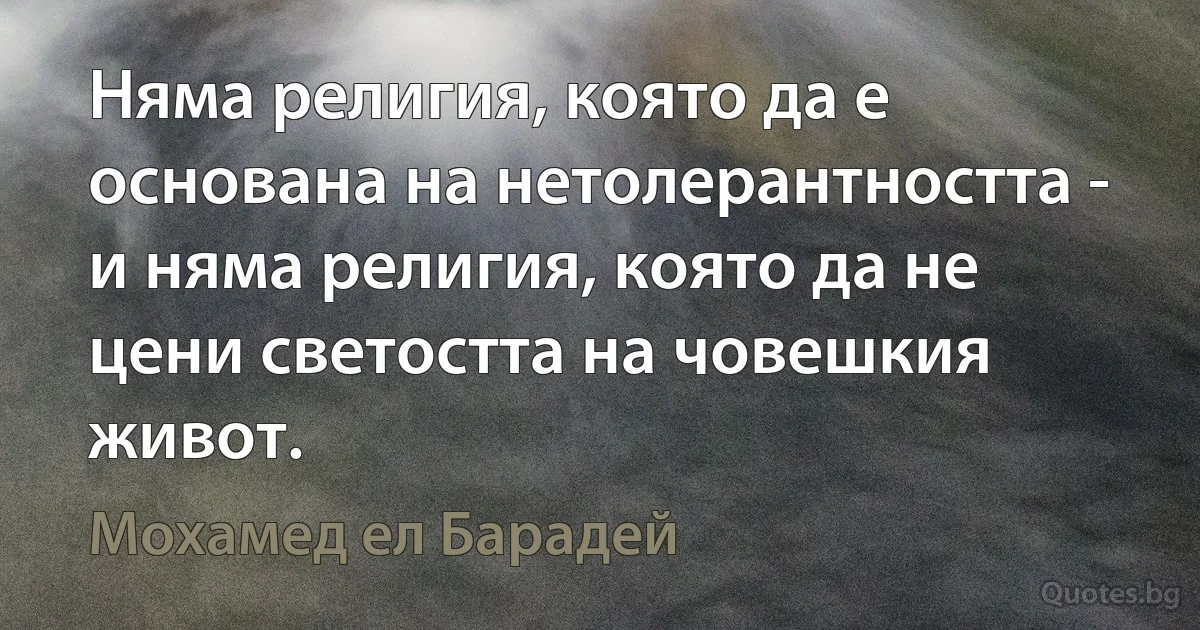 Няма религия, която да е основана на нетолерантността - и няма религия, която да не цени светостта на човешкия живот. (Мохамед ел Барадей)