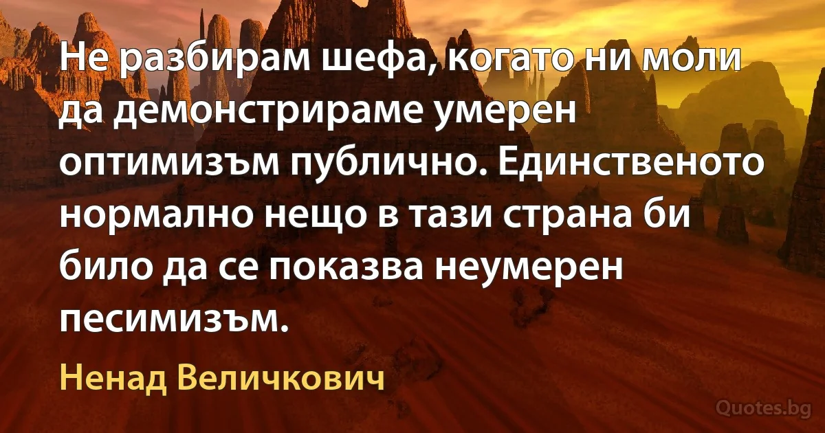 Не разбирам шефа, когато ни моли да демонстрираме умерен оптимизъм публично. Единственото нормално нещо в тази страна би било да се показва неумерен песимизъм. (Ненад Величкович)