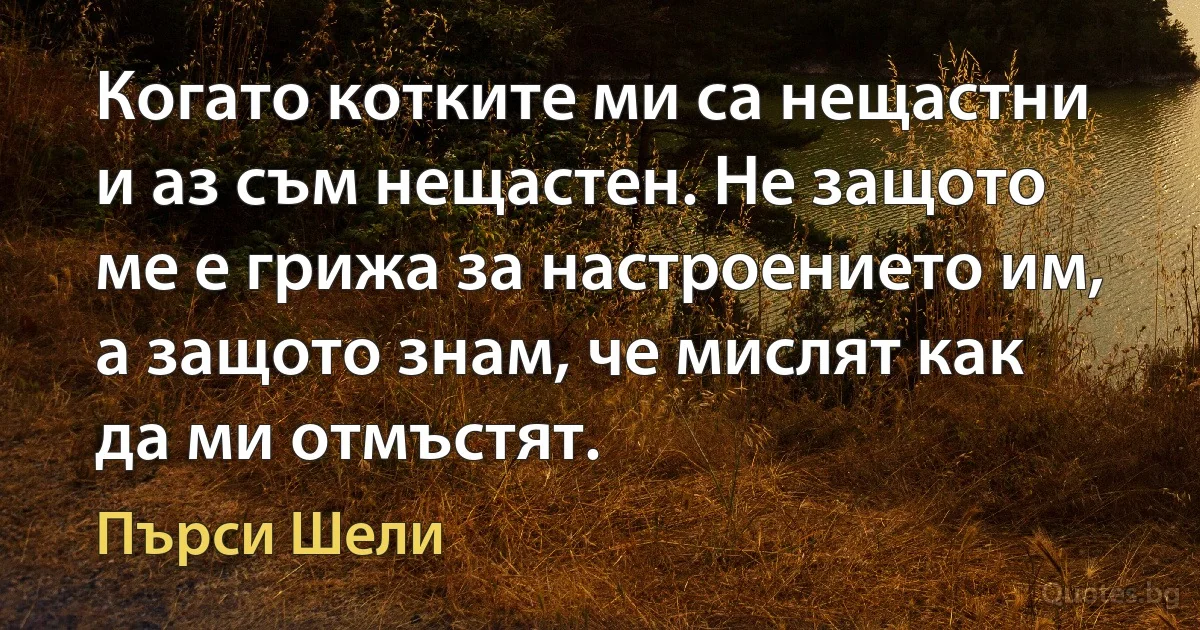 Когато котките ми са нещастни и аз съм нещастен. Не защото ме е грижа за настроението им, а защото знам, че мислят как да ми отмъстят. (Пърси Шели)