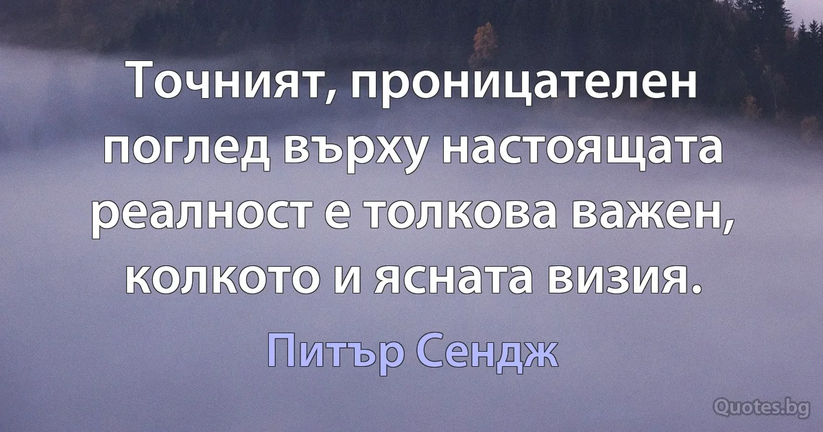 Точният, проницателен поглед върху настоящата реалност е толкова важен, колкото и ясната визия. (Питър Сендж)