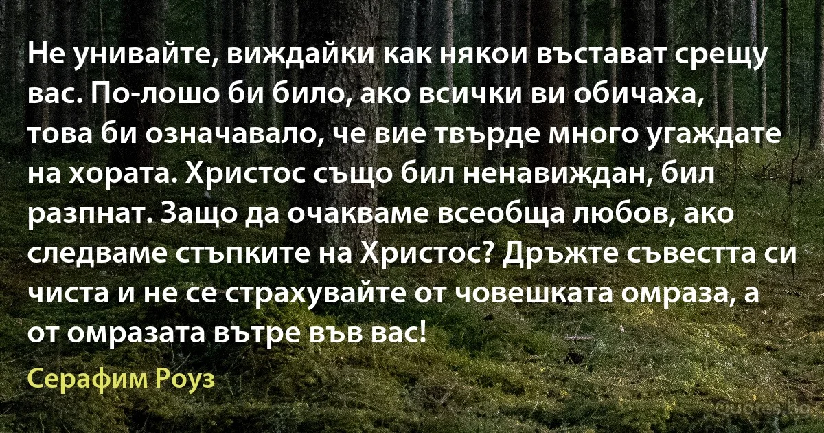 Не унивайте, виждайки как някои въстават срещу вас. По-лошо би било, ако всички ви обичаха, това би означавало, че вие твърде много угаждате на хората. Христос също бил ненавиждан, бил разпнат. Защо да очакваме всеобща любов, ако следваме стъпките на Христос? Дръжте съвестта си чиста и не се страхувайте от човешката омраза, а от омразата вътре във вас! (Серафим Роуз)