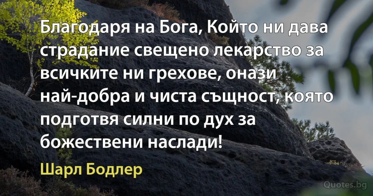 Благодаря на Бога, Който ни дава страдание свещено лекарство за всичките ни грехове, онази най-добра и чиста същност, която подготвя силни по дух за божествени наслади! (Шарл Бодлер)