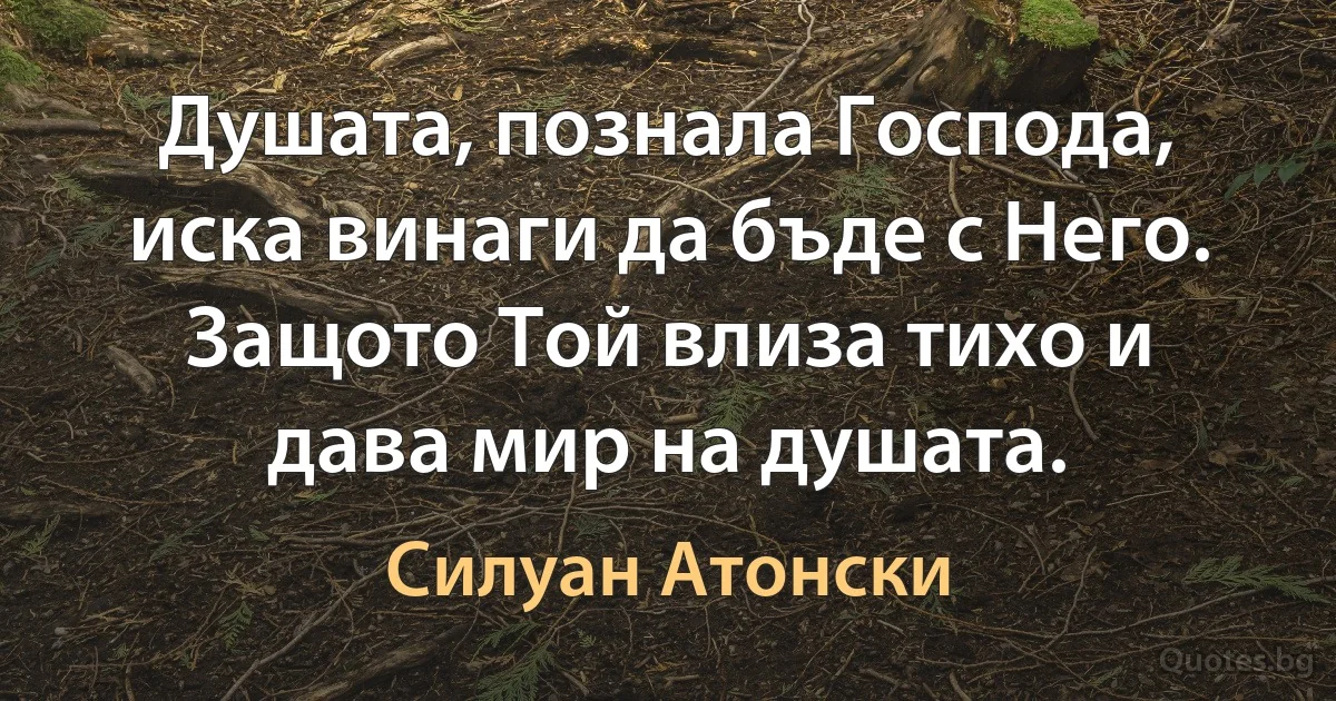 Душата, познала Господа, иска винаги да бъде с Него. Защото Той влиза тихо и дава мир на душата. (Силуан Атонски)