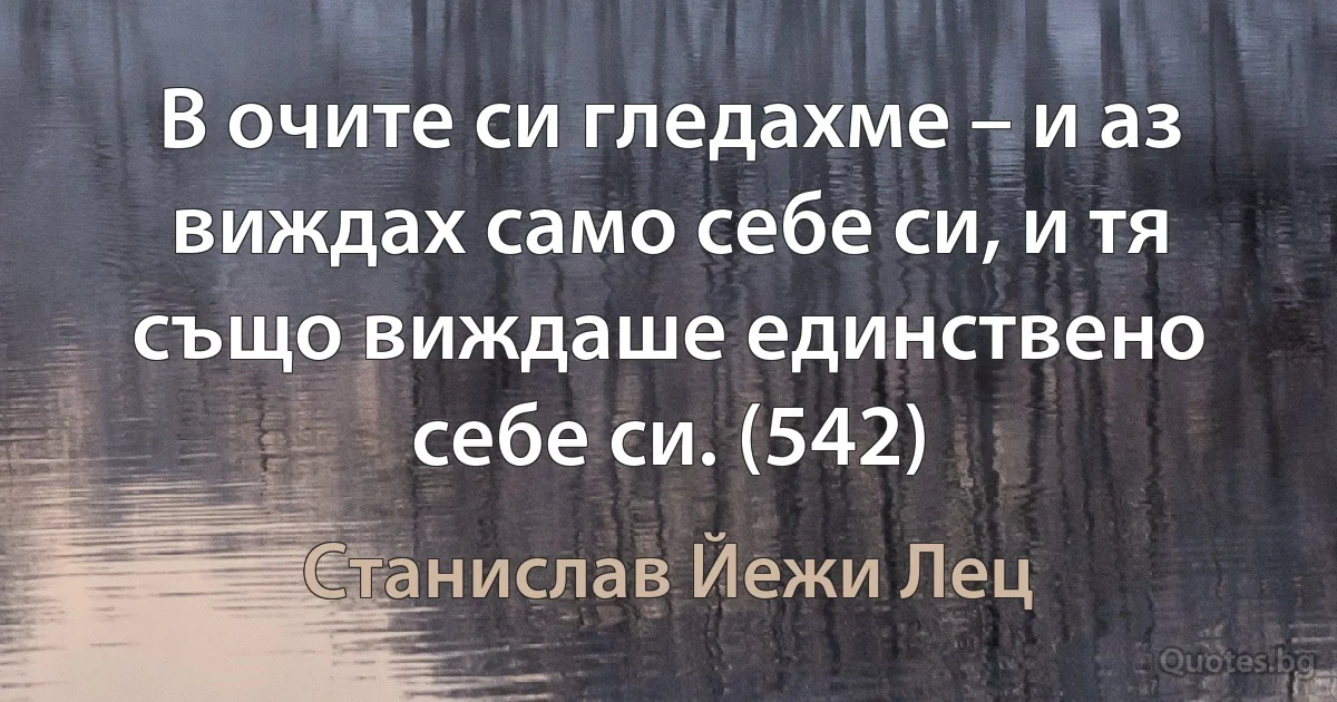 В очите си гледахме – и аз виждах само себе си, и тя също виждаше единствено себе си. (542) (Станислав Йежи Лец)