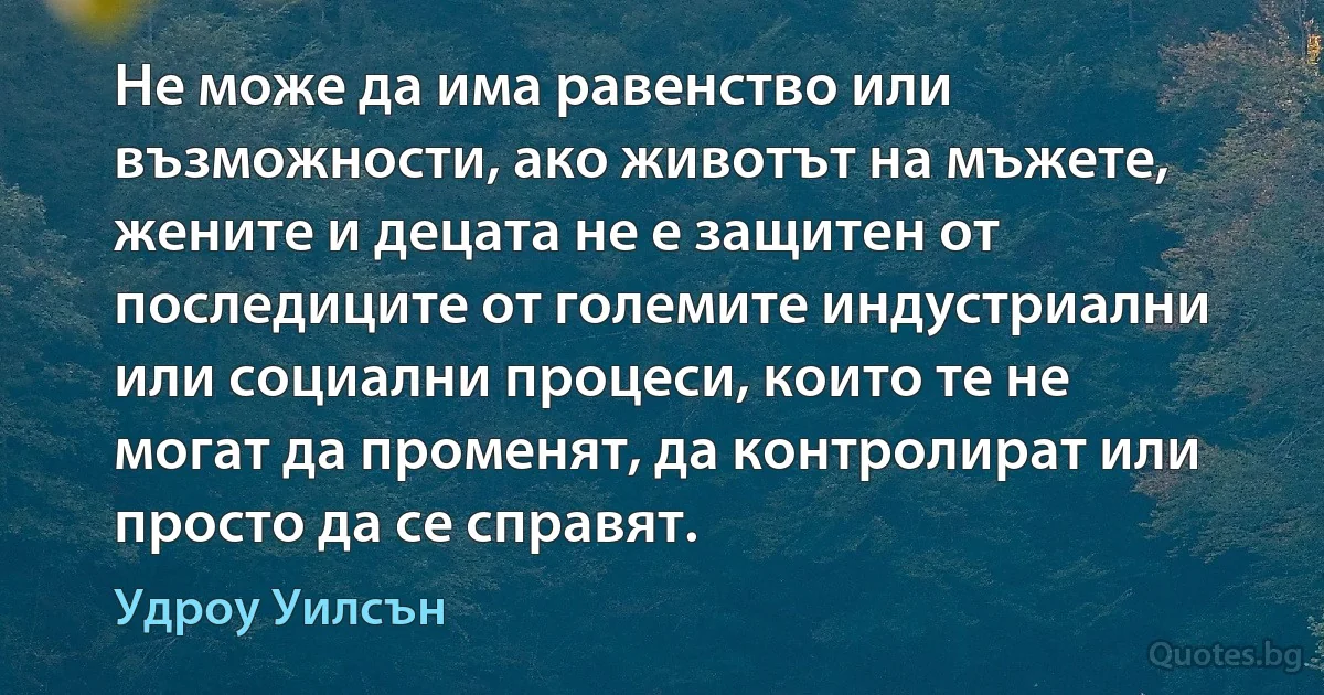 Не може да има равенство или възможности, ако животът на мъжете, жените и децата не е защитен от последиците от големите индустриални или социални процеси, които те не могат да променят, да контролират или просто да се справят. (Удроу Уилсън)