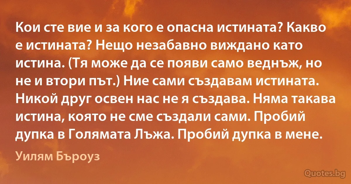 Кои сте вие и за кого е опасна истината? Какво е истината? Нещо незабавно виждано като истина. (Тя може да се появи само веднъж, но не и втори път.) Ние сами създавам истината. Никой друг освен нас не я създава. Няма такава истина, която не сме създали сами. Пробий дупка в Голямата Лъжа. Пробий дупка в мене. (Уилям Бъроуз)