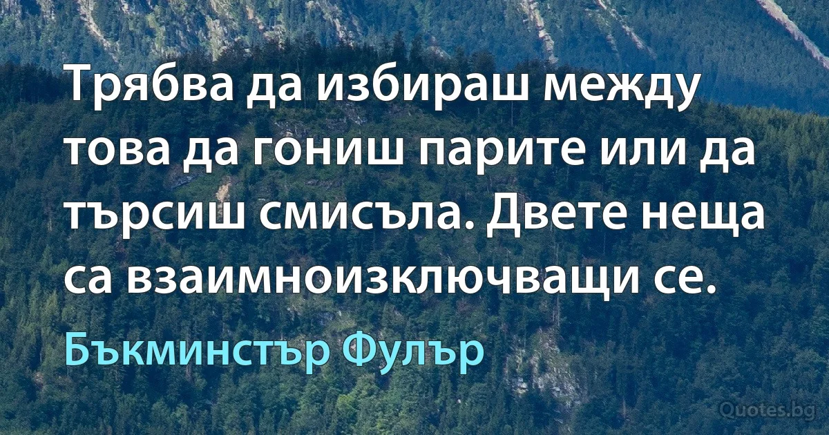 Трябва да избираш между това да гониш парите или да търсиш смисъла. Двете неща са взаимноизключващи се. (Бъкминстър Фулър)