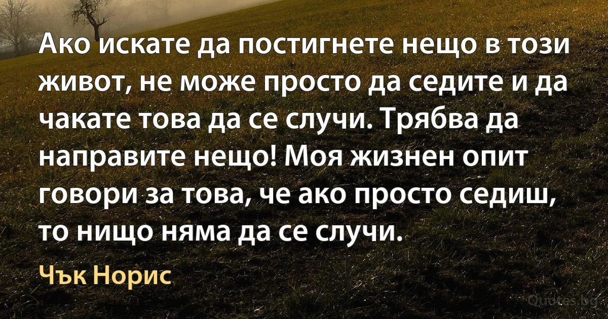 Ако искате да постигнете нещо в този живот, не може просто да седите и да чакате това да се случи. Трябва да направите нещо! Моя жизнен опит говори за това, че ако просто седиш, то нищо няма да се случи. (Чък Норис)