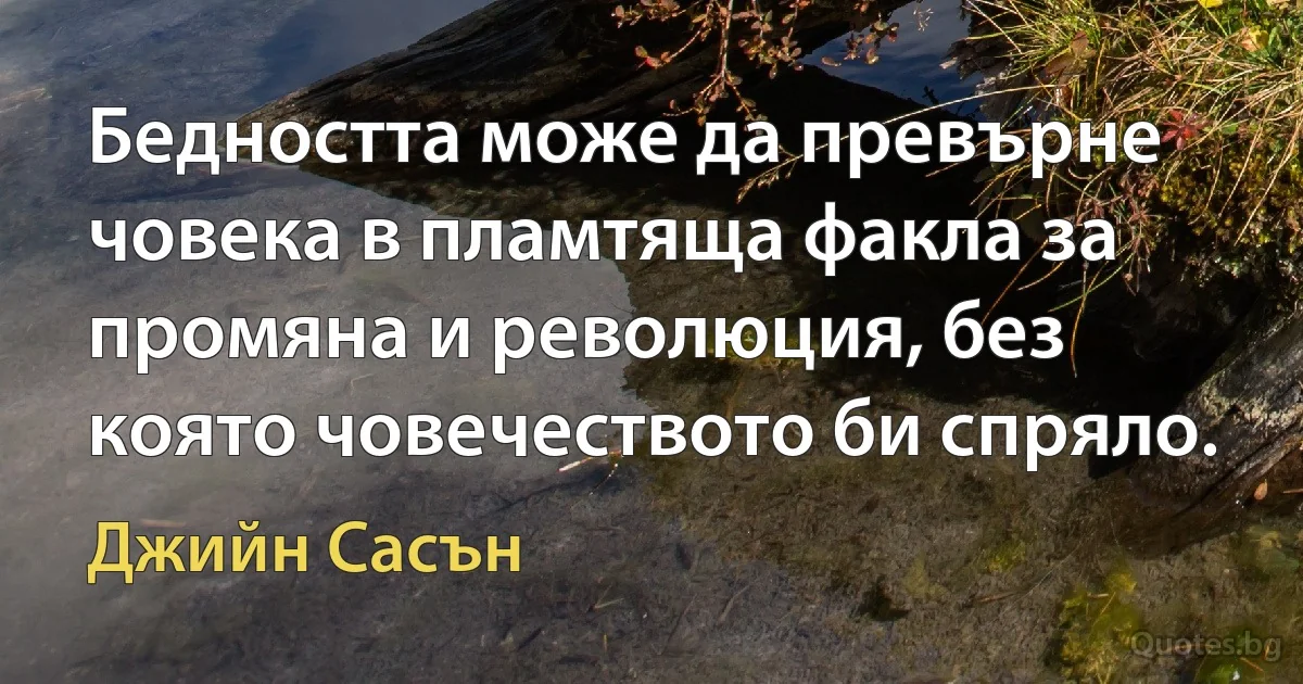 Бедността може да превърне човека в пламтяща факла за промяна и революция, без която човечеството би спряло. (Джийн Сасън)