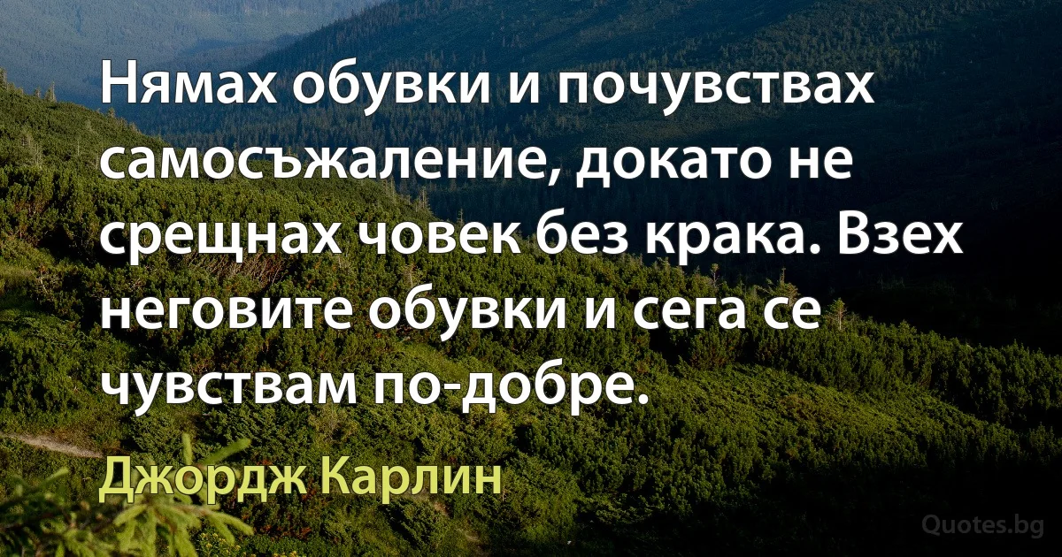 Нямах обувки и почувствах самосъжаление, докато не срещнах човек без крака. Взех неговите обувки и сега се чувствам по-добре. (Джордж Карлин)