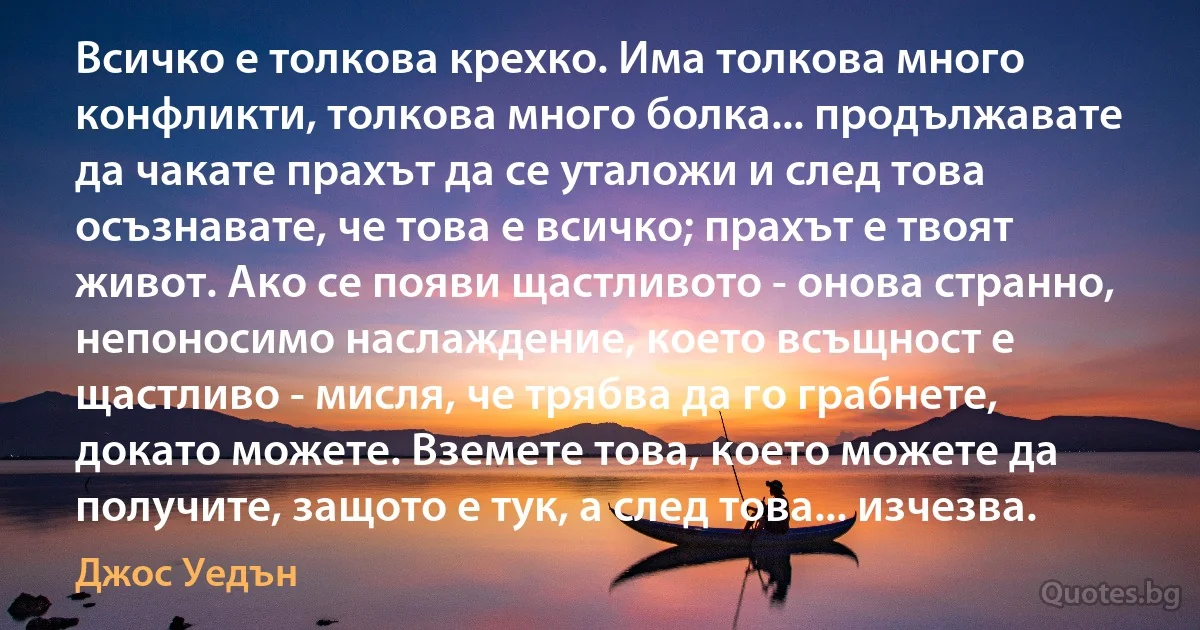 Всичко е толкова крехко. Има толкова много конфликти, толкова много болка... продължавате да чакате прахът да се уталожи и след това осъзнавате, че това е всичко; прахът е твоят живот. Ако се появи щастливото - онова странно, непоносимо наслаждение, което всъщност е щастливо - мисля, че трябва да го грабнете, докато можете. Вземете това, което можете да получите, защото е тук, а след това... изчезва. (Джос Уедън)