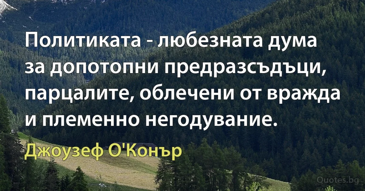 Политиката - любезната дума за допотопни предразсъдъци, парцалите, облечени от вражда и племенно негодувание. (Джоузеф О'Конър)