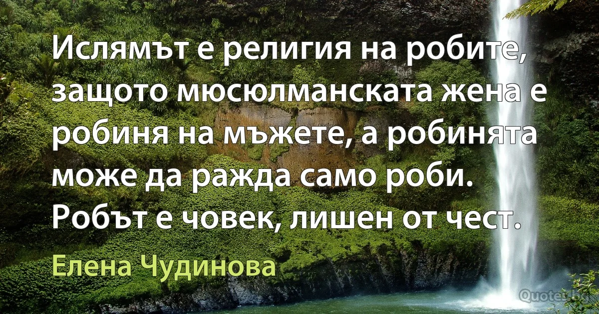 Ислямът е религия на робите, защото мюсюлманската жена е робиня на мъжете, а робинята може да ражда само роби. Робът е човек, лишен от чест. (Елена Чудинова)