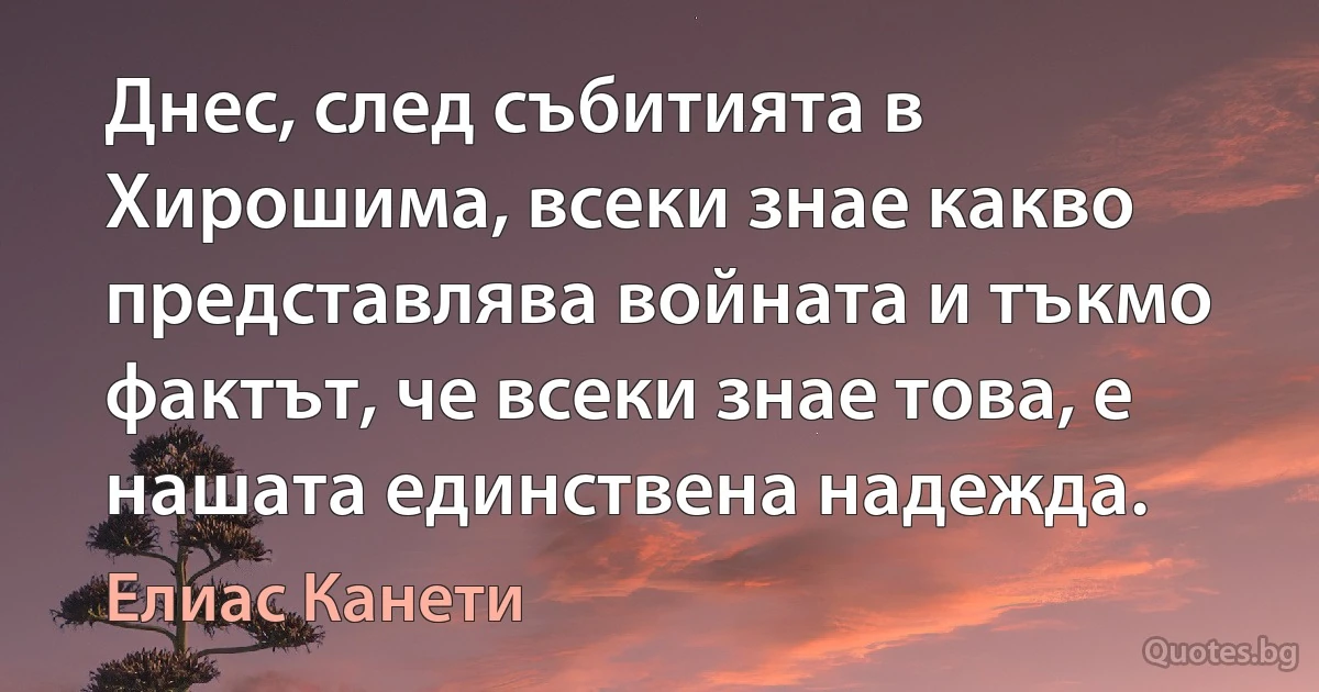 Днес, след събитията в Хирошима, всеки знае какво представлява войната и тъкмо фактът, че всеки знае това, е нашата единствена надежда. (Елиас Канети)