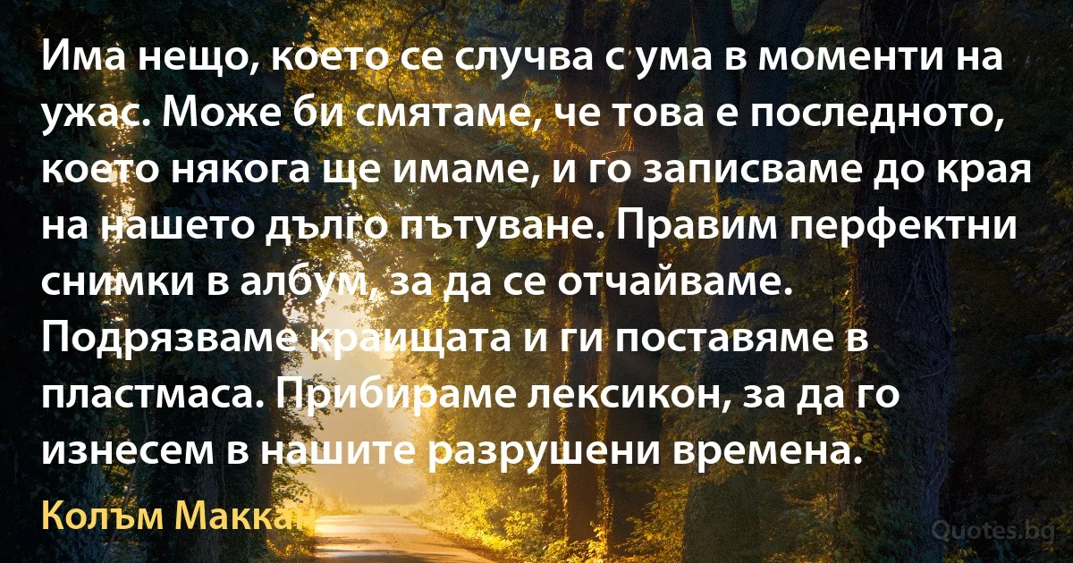 Има нещо, което се случва с ума в моменти на ужас. Може би смятаме, че това е последното, което някога ще имаме, и го записваме до края на нашето дълго пътуване. Правим перфектни снимки в албум, за да се отчайваме. Подрязваме краищата и ги поставяме в пластмаса. Прибираме лексикон, за да го изнесем в нашите разрушени времена. (Колъм Маккан)