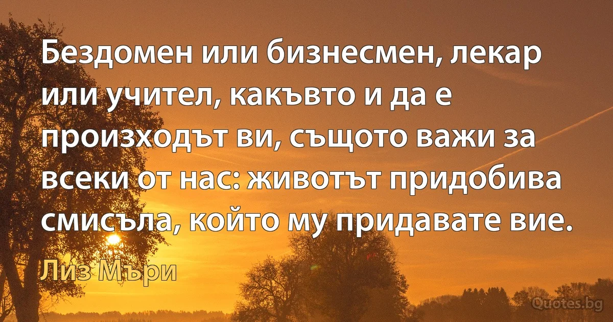 Бездомен или бизнесмен, лекар или учител, какъвто и да е произходът ви, същото важи за всеки от нас: животът придобива смисъла, който му придавате вие. (Лиз Мъри)