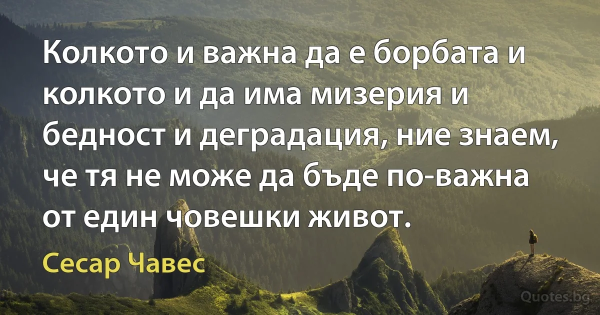 Колкото и важна да е борбата и колкото и да има мизерия и бедност и деградация, ние знаем, че тя не може да бъде по-важна от един човешки живот. (Сесар Чавес)