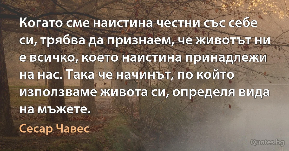 Когато сме наистина честни със себе си, трябва да признаем, че животът ни е всичко, което наистина принадлежи на нас. Така че начинът, по който използваме живота си, определя вида на мъжете. (Сесар Чавес)