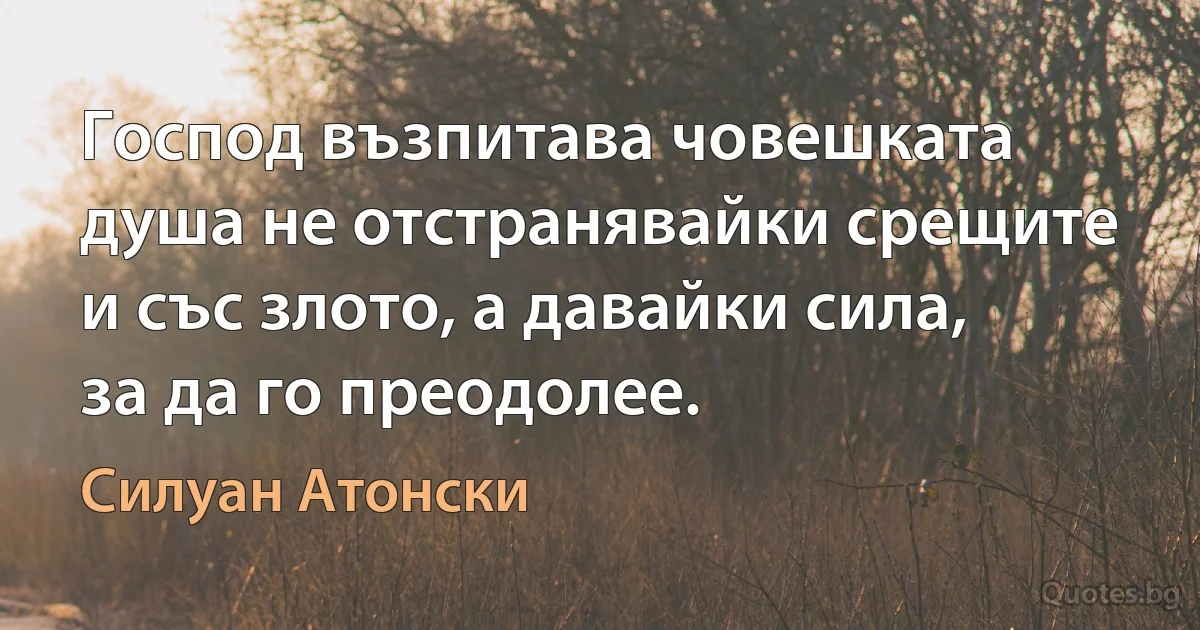 Господ възпитава човешката душа не отстранявайки срещите и със злото, а давайки сила, за да го преодолее. (Силуан Атонски)