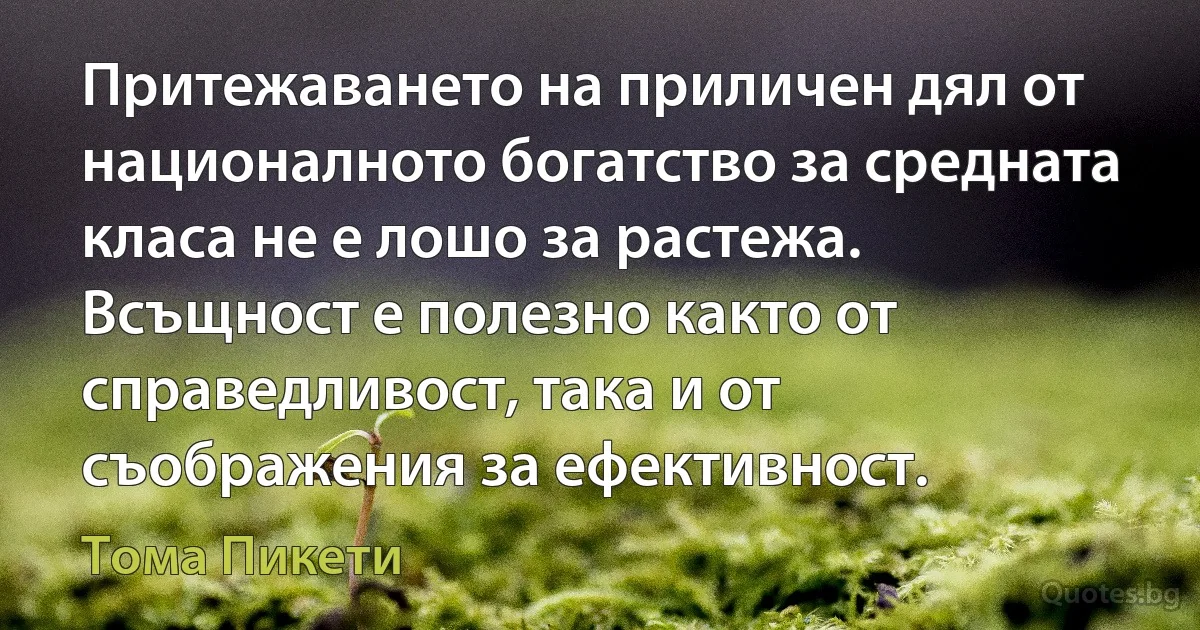 Притежаването на приличен дял от националното богатство за средната класа не е лошо за растежа. Всъщност е полезно както от справедливост, така и от съображения за ефективност. (Тома Пикети)