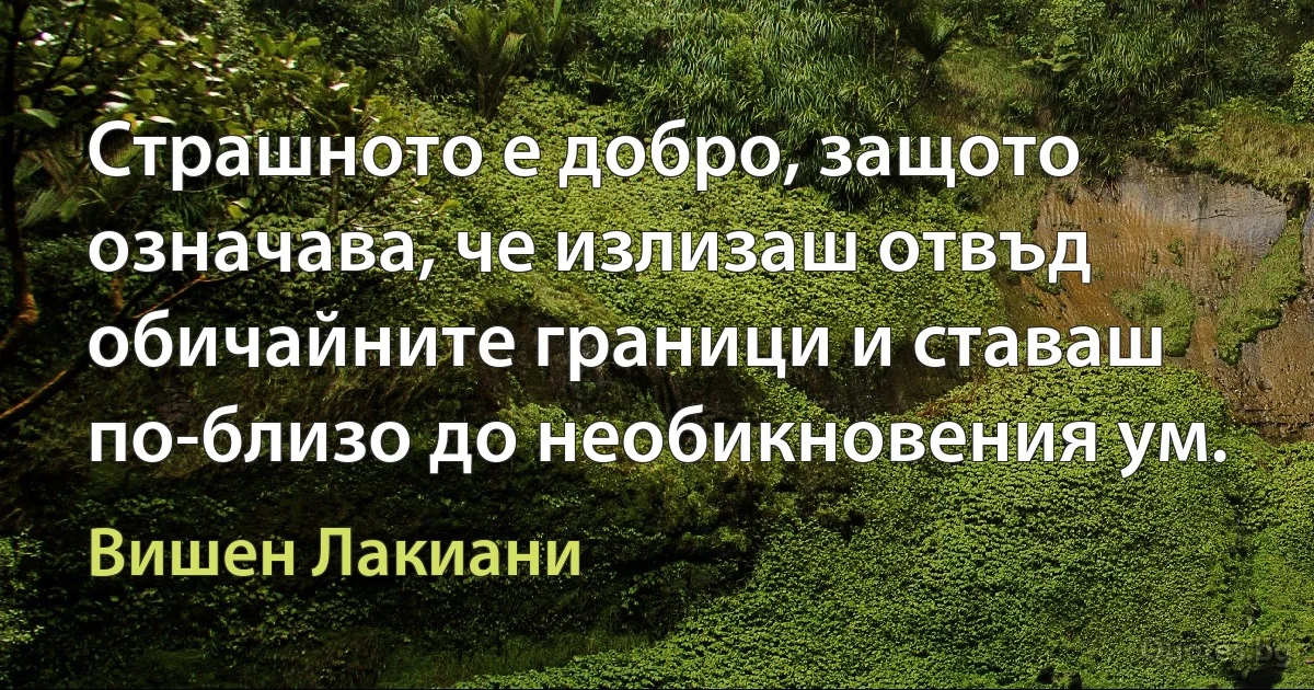 Страшното е добро, защото означава, че излизаш отвъд обичайните граници и ставаш по-близо до необикновения ум. (Вишен Лакиани)