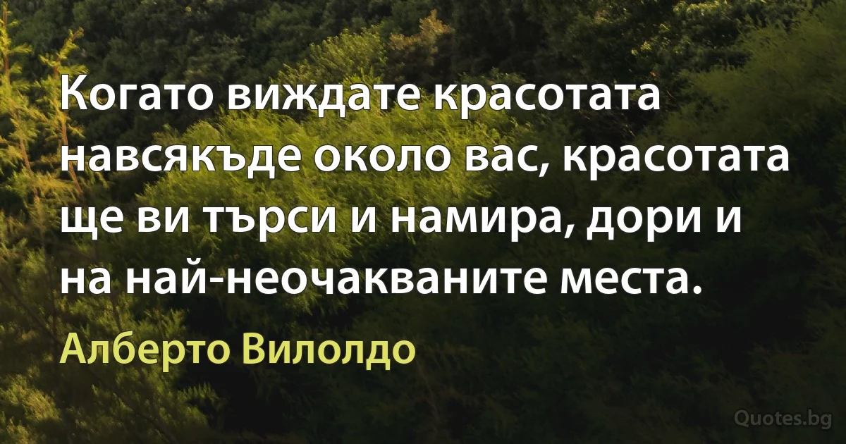 Когато виждате красотата навсякъде около вас, красотата ще ви търси и намира, дори и на най-неочакваните места. (Алберто Вилолдо)