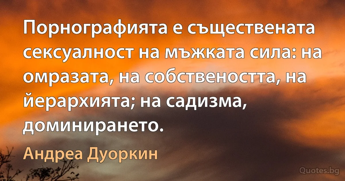 Порнографията е съществената сексуалност на мъжката сила: на омразата, на собствеността, на йерархията; на садизма, доминирането. (Андреа Дуоркин)