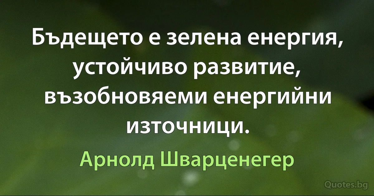 Бъдещето е зелена енергия, устойчиво развитие, възобновяеми енергийни източници. (Арнолд Шварценегер)