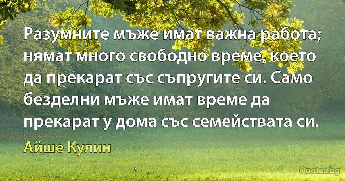 Разумните мъже имат важна работа; нямат много свободно време, което да прекарат със съпругите си. Само безделни мъже имат време да прекарат у дома със семействата си. (Айше Кулин)