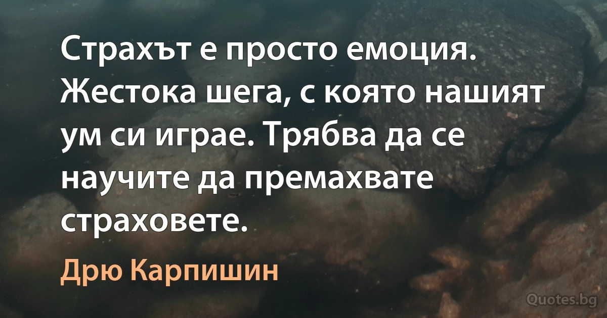 Страхът е просто емоция. Жестока шега, с която нашият ум си играе. Трябва да се научите да премахвате страховете. (Дрю Карпишин)