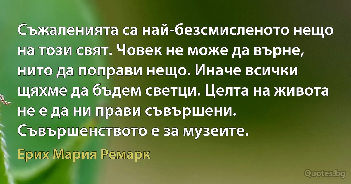 Съжаленията са най-безсмисленото нещо на този свят. Човек не може да върне, нито да поправи нещо. Иначе всички щяхме да бъдем светци. Целта на живота не е да ни прави съвършени. Съвършенството е за музеите. (Ерих Мария Ремарк)