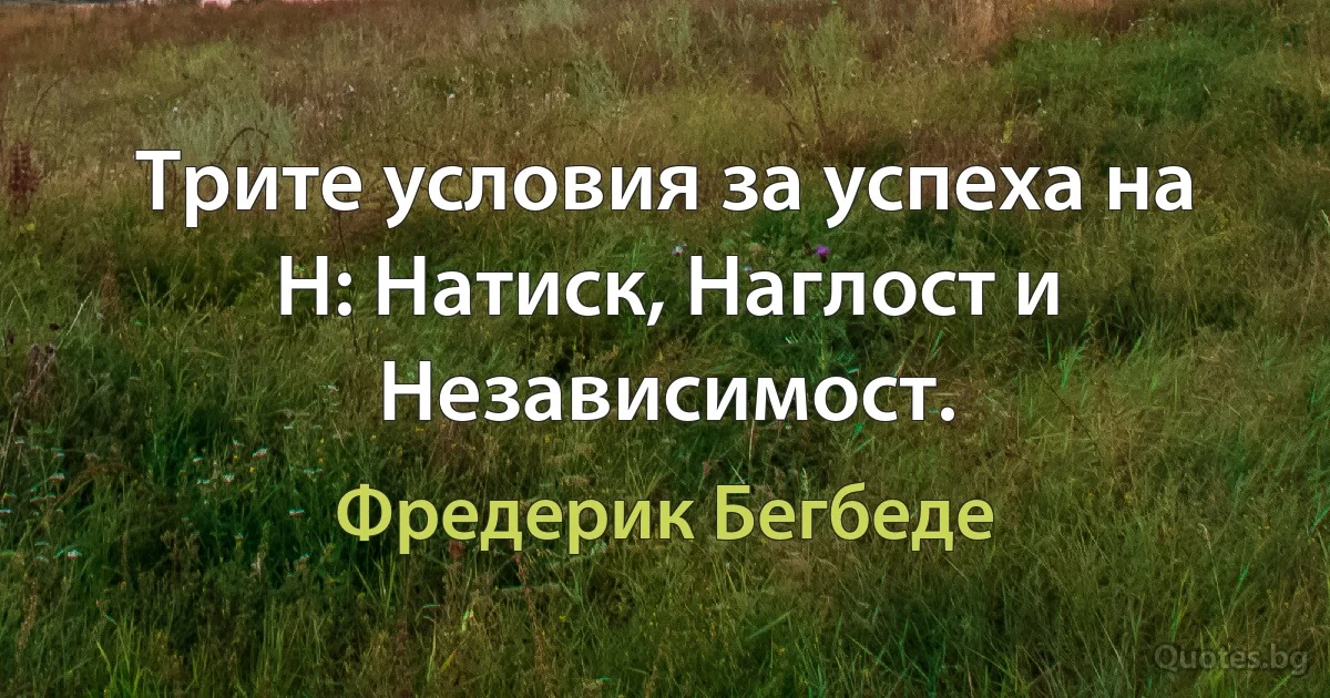 Трите условия за успеха на Н: Натиск, Наглост и Независимост. (Фредерик Бегбеде)