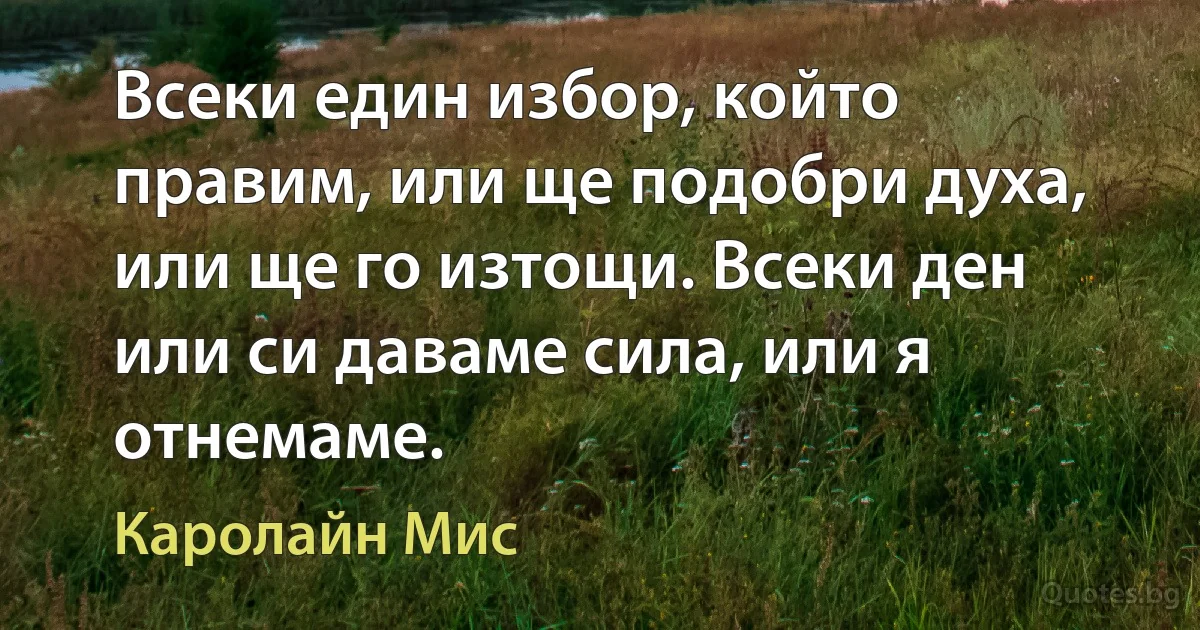 Всеки един избор, който правим, или ще подобри духа, или ще го изтощи. Всеки ден или си даваме сила, или я отнемаме. (Каролайн Мис)