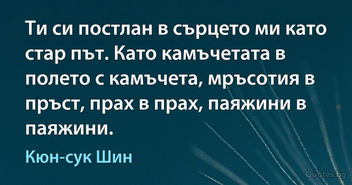 Ти си постлан в сърцето ми като стар път. Като камъчетата в полето с камъчета, мръсотия в пръст, прах в прах, паяжини в паяжини. (Кюн-сук Шин)