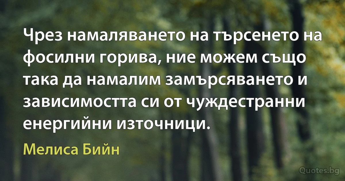 Чрез намаляването на търсенето на фосилни горива, ние можем също така да намалим замърсяването и зависимостта си от чуждестранни енергийни източници. (Мелиса Бийн)