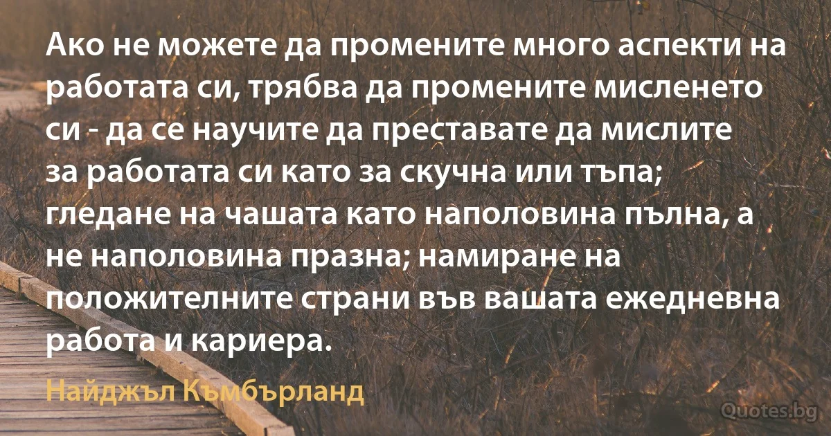 Ако не можете да промените много аспекти на работата си, трябва да промените мисленето си - да се научите да преставате да мислите за работата си като за скучна или тъпа; гледане на чашата като наполовина пълна, а не наполовина празна; намиране на положителните страни във вашата ежедневна работа и кариера. (Найджъл Къмбърланд)