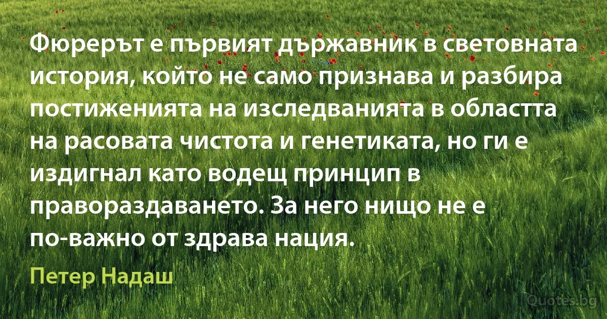 Фюрерът е първият държавник в световната история, който не само признава и разбира постиженията на изследванията в областта на расовата чистота и генетиката, но ги е издигнал като водещ принцип в правораздаването. За него нищо не е по-важно от здрава нация. (Петер Надаш)