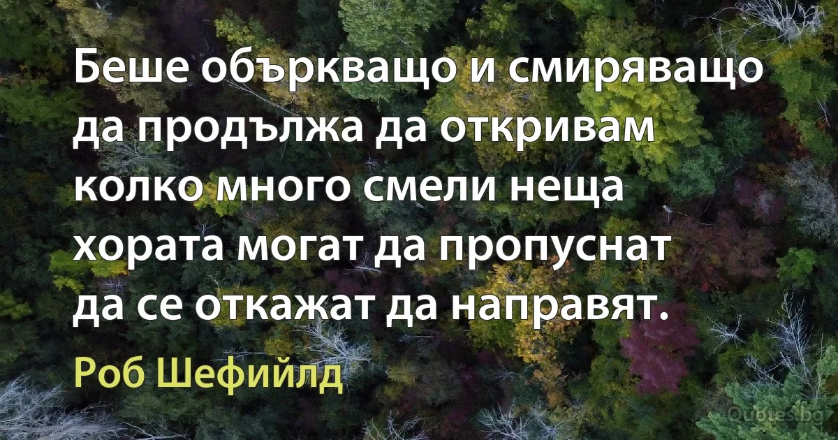 Беше объркващо и смиряващо да продължа да откривам колко много смели неща хората могат да пропуснат да се откажат да направят. (Роб Шефийлд)