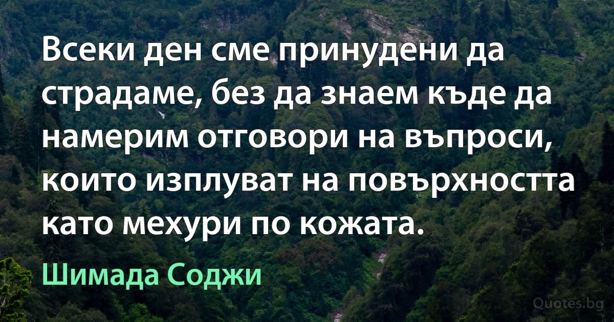 Всеки ден сме принудени да страдаме, без да знаем къде да намерим отговори на въпроси, които изплуват на повърхността като мехури по кожата. (Шимада Соджи)