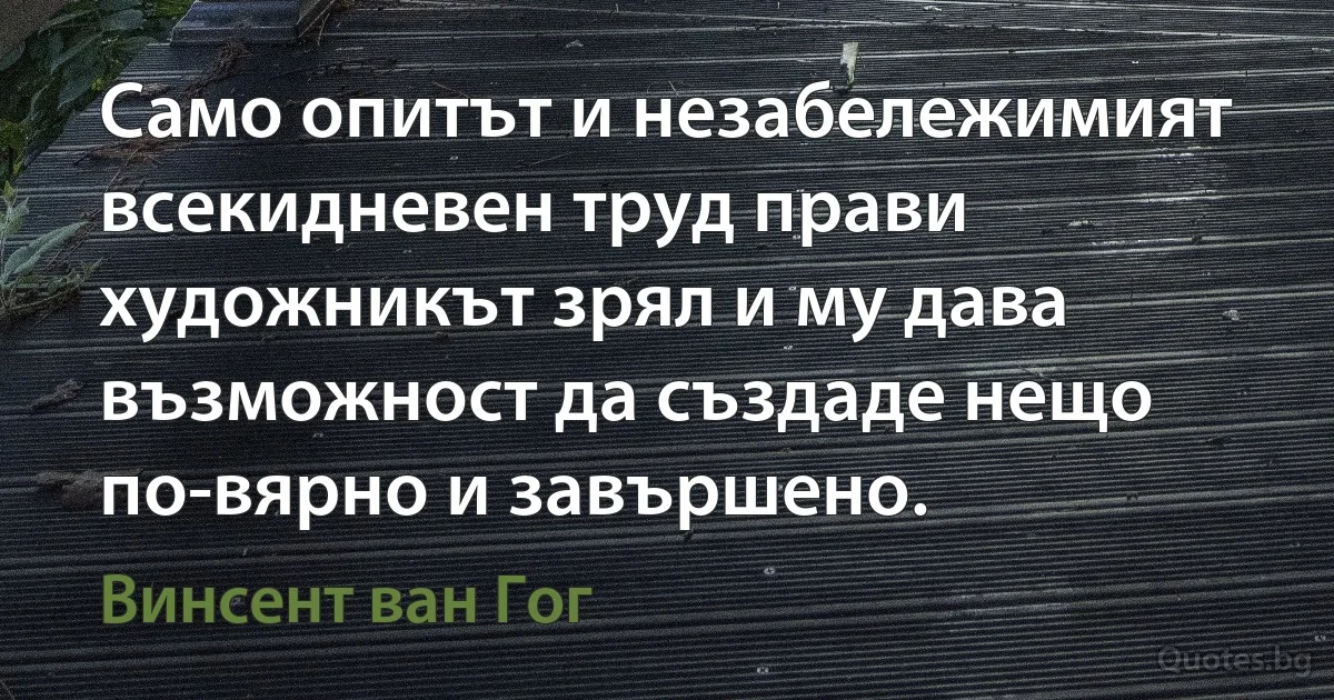 Само опитът и незабележимият всекидневен труд прави художникът зрял и му дава възможност да създаде нещо по-вярно и завършено. (Винсент ван Гог)