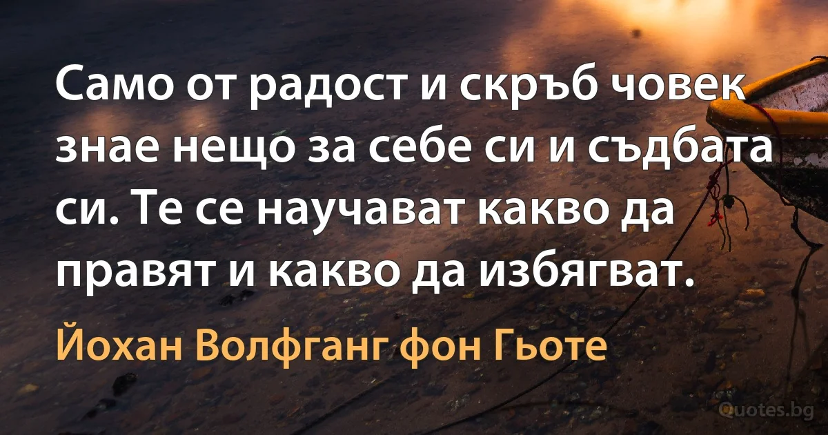 Само от радост и скръб човек знае нещо за себе си и съдбата си. Те се научават какво да правят и какво да избягват. (Йохан Волфганг фон Гьоте)