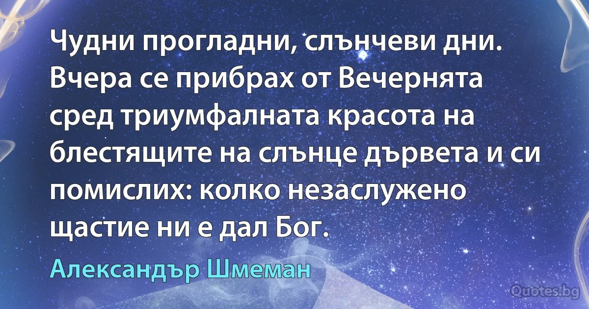 Чудни прогладни, слънчеви дни. Вчера се прибрах от Вечернята сред триумфалната красота на блестящите на слънце дървета и си помислих: колко незаслужено щастие ни е дал Бог. (Александър Шмеман)