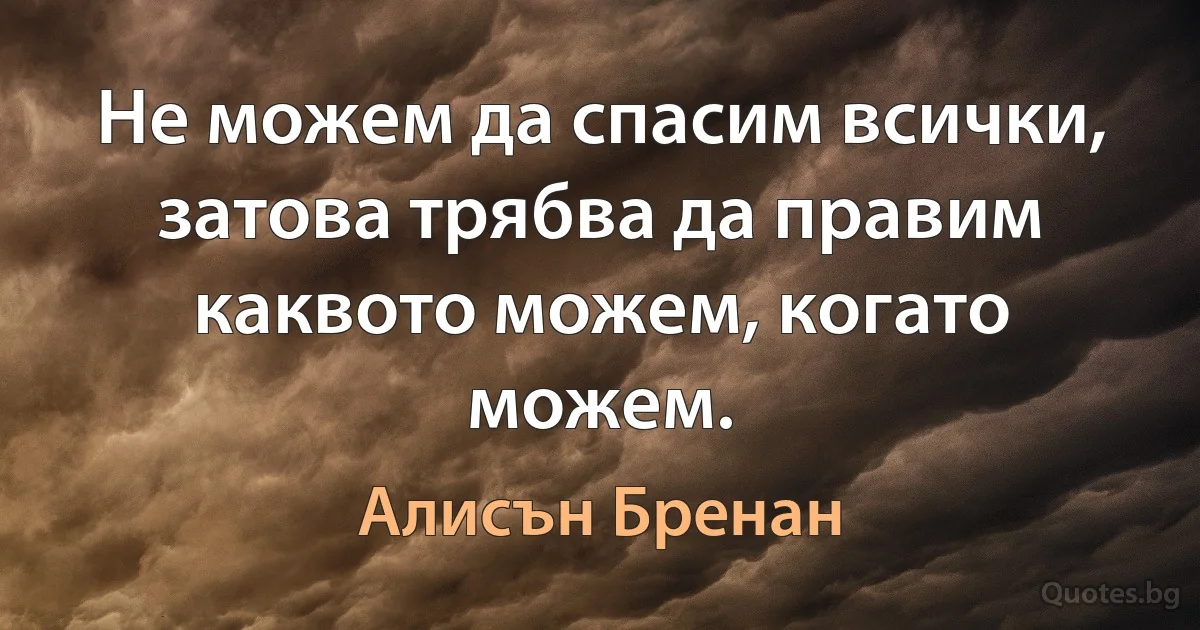 Не можем да спасим всички, затова трябва да правим каквото можем, когато можем. (Алисън Бренан)