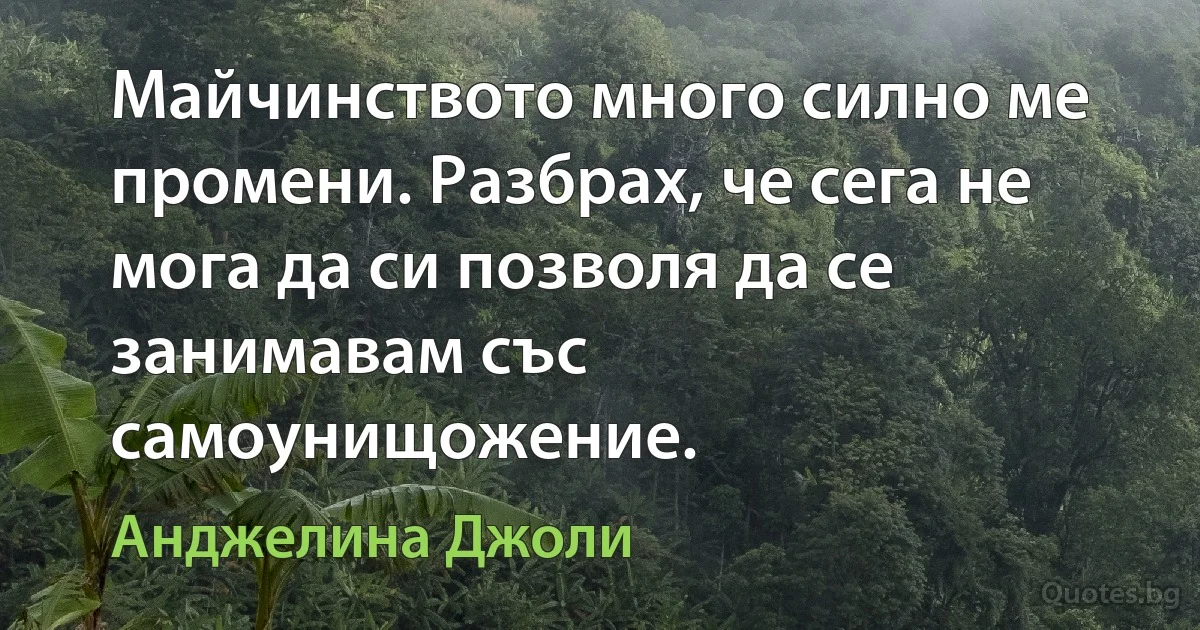 Майчинството много силно ме промени. Разбрах, че сега не мога да си позволя да се занимавам със самоунищожение. (Анджелина Джоли)