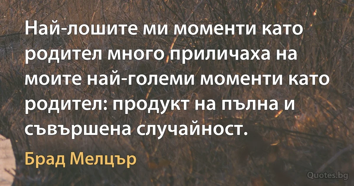 Най-лошите ми моменти като родител много приличаха на моите най-големи моменти като родител: продукт на пълна и съвършена случайност. (Брад Мелцър)